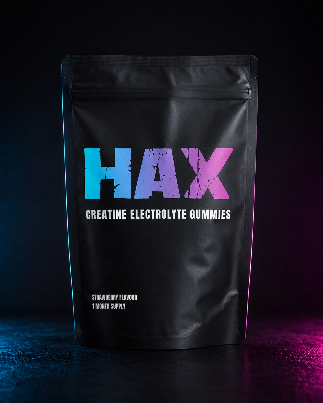 HAX creatine electrolyte gummies strawberry pouch, front of pack