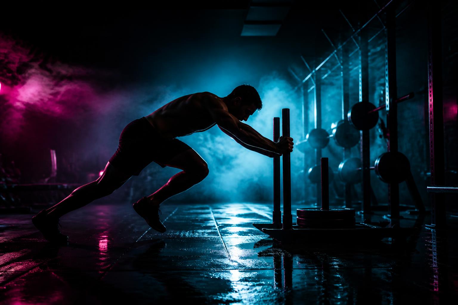 Athlete pushing a weighted sled in a dark gym lit by cyan and magenta light